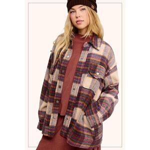 Loose Fit Plaid Button Down Shacket with Pockets
